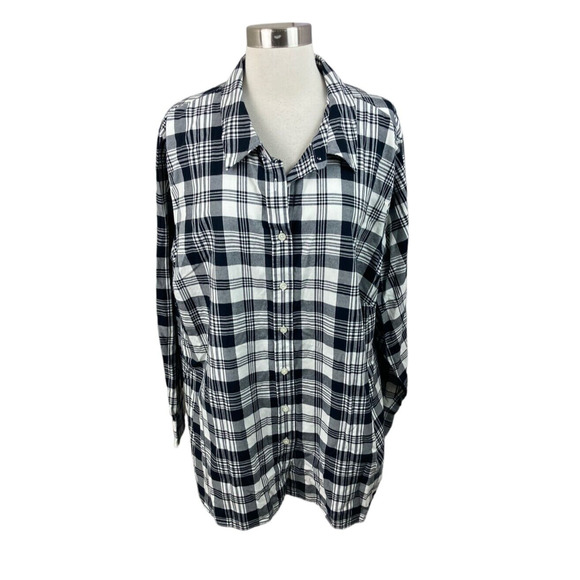 Talbots 3X Black White Silver Thread Plaid Flannel Button Front Long Sleeve - Picture 1 of 4